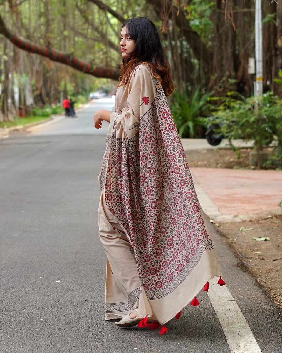 Coconut Chikki Beige Handblock Print Cotton Saree - PBC