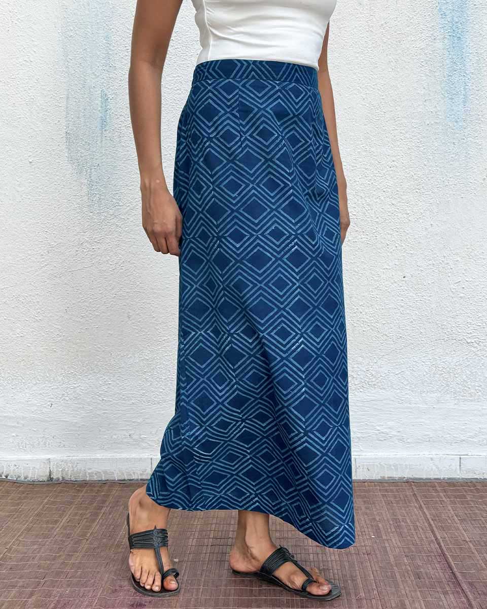 Indigo Bunting Blockprinted Cotton Skirt
