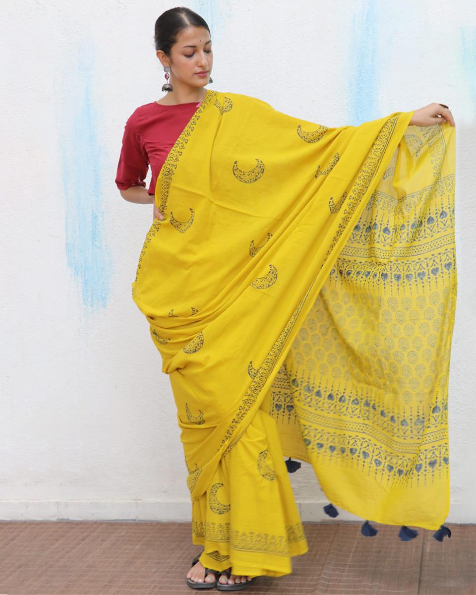 Daisy Handblockprinted Cotton Saree - Fmtm