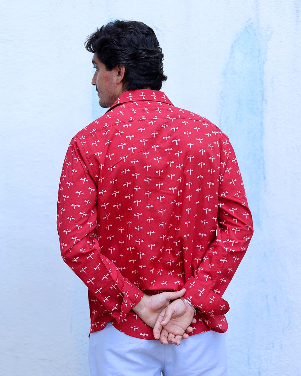 Shadan Red Hand Block Print Cotton Shirt -TOF