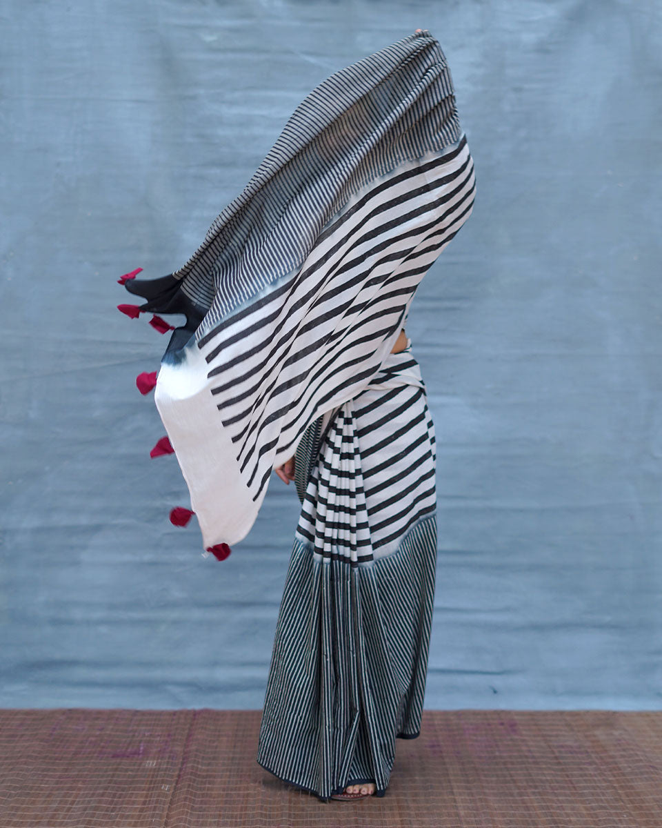 Black or White Handblock Print Cotton Saree - M&M