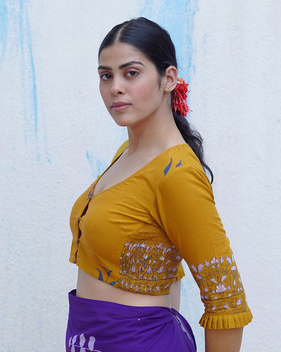 Pankhi Mustard Yellow Handblock Print Cotton Blouse - BFG