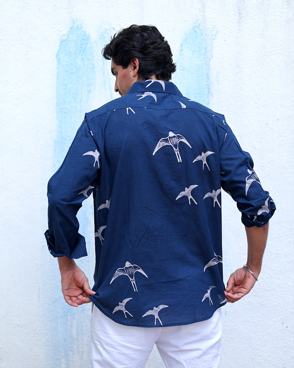 Abeer Blue Hand Block Print Cotton Shirt -TOF