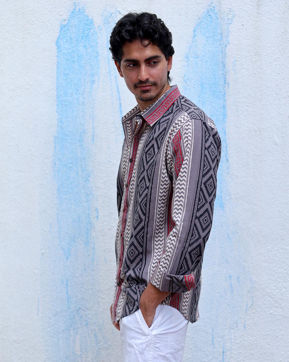Ruhan Grey Hand Block Print Cotton Shirt -TOF