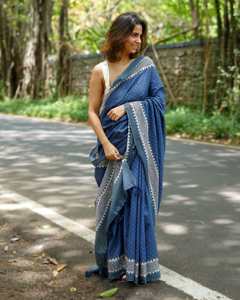 Butterflypea Pudding Blue Handblock Print Cotton Saree - PBC