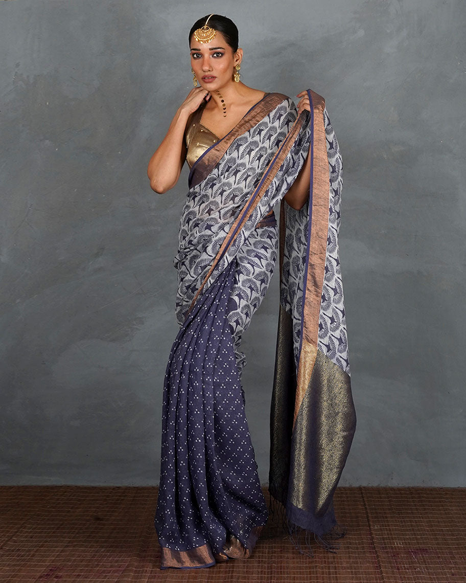 Prabha Blue With White Handblock Linen Saree - TARA