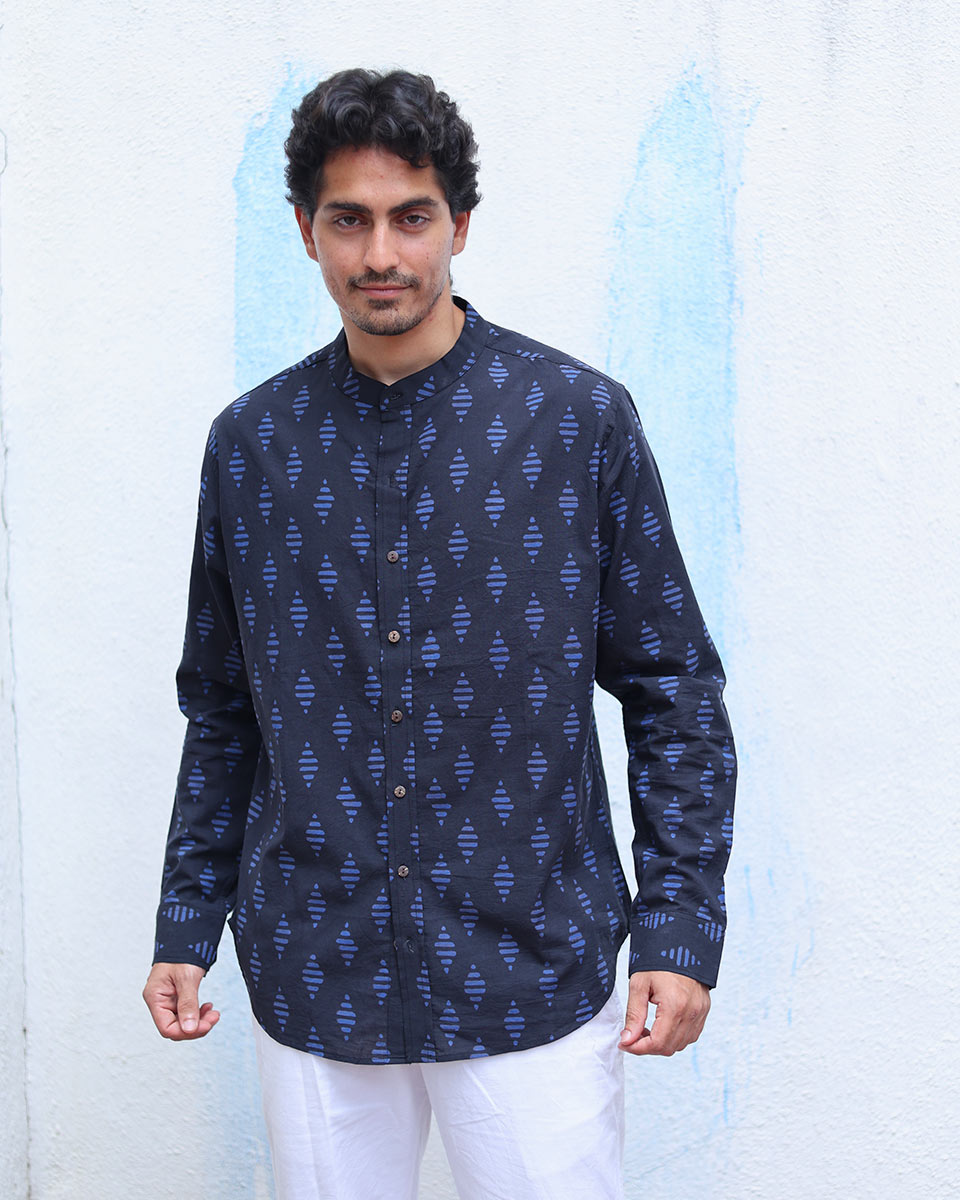 Khwab Blue  Hand Block Print Cotton Shirt - TOF