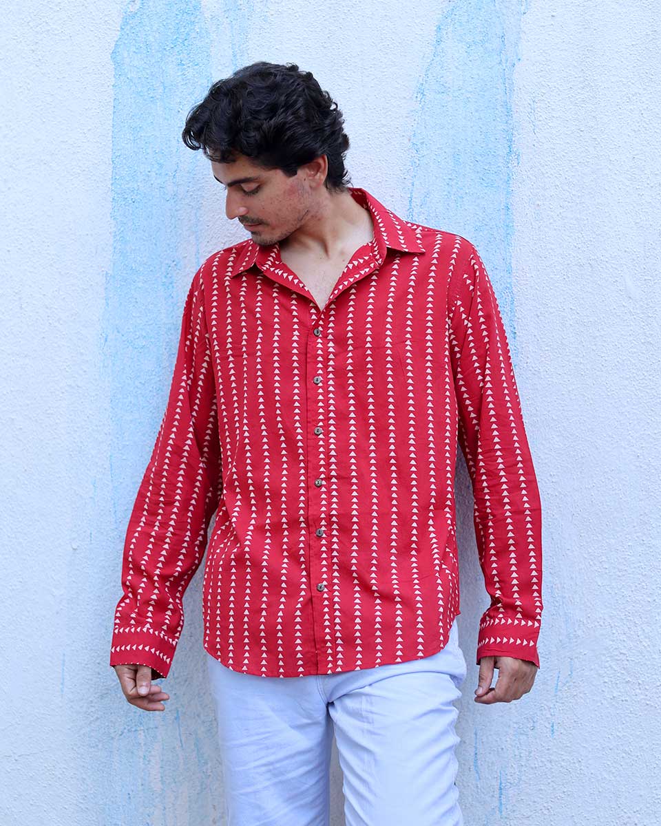 Raahi Red Hand Block Print Cotton Shirt -TOF