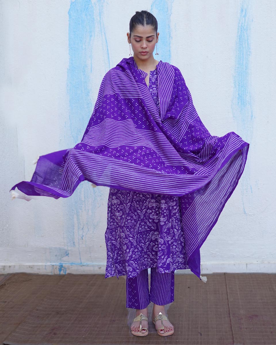 Leher Purple Handblock Print Cotton Dupatta - BFG
