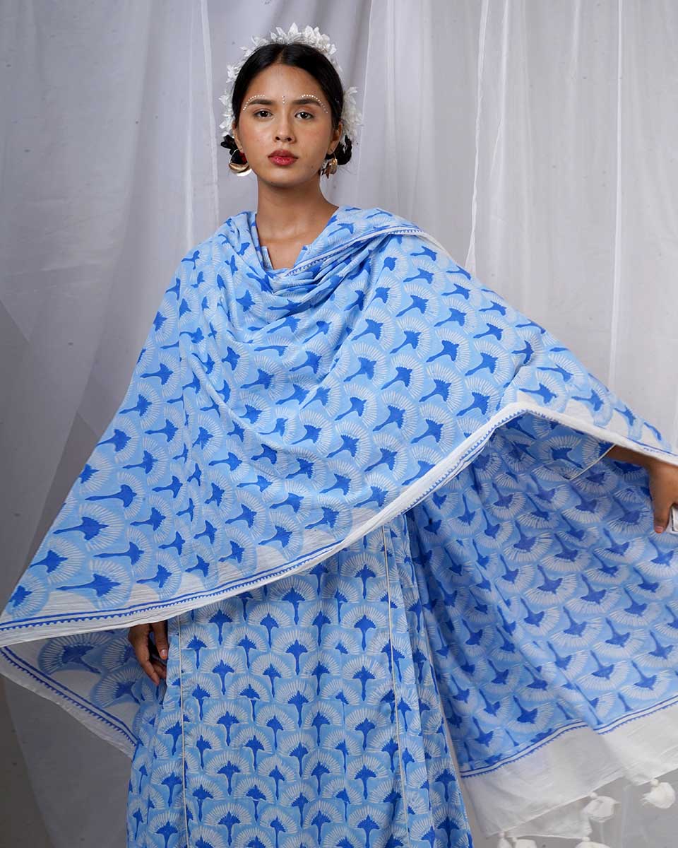 Amaaya Blue Hand Block Printed Dupatta-BAD