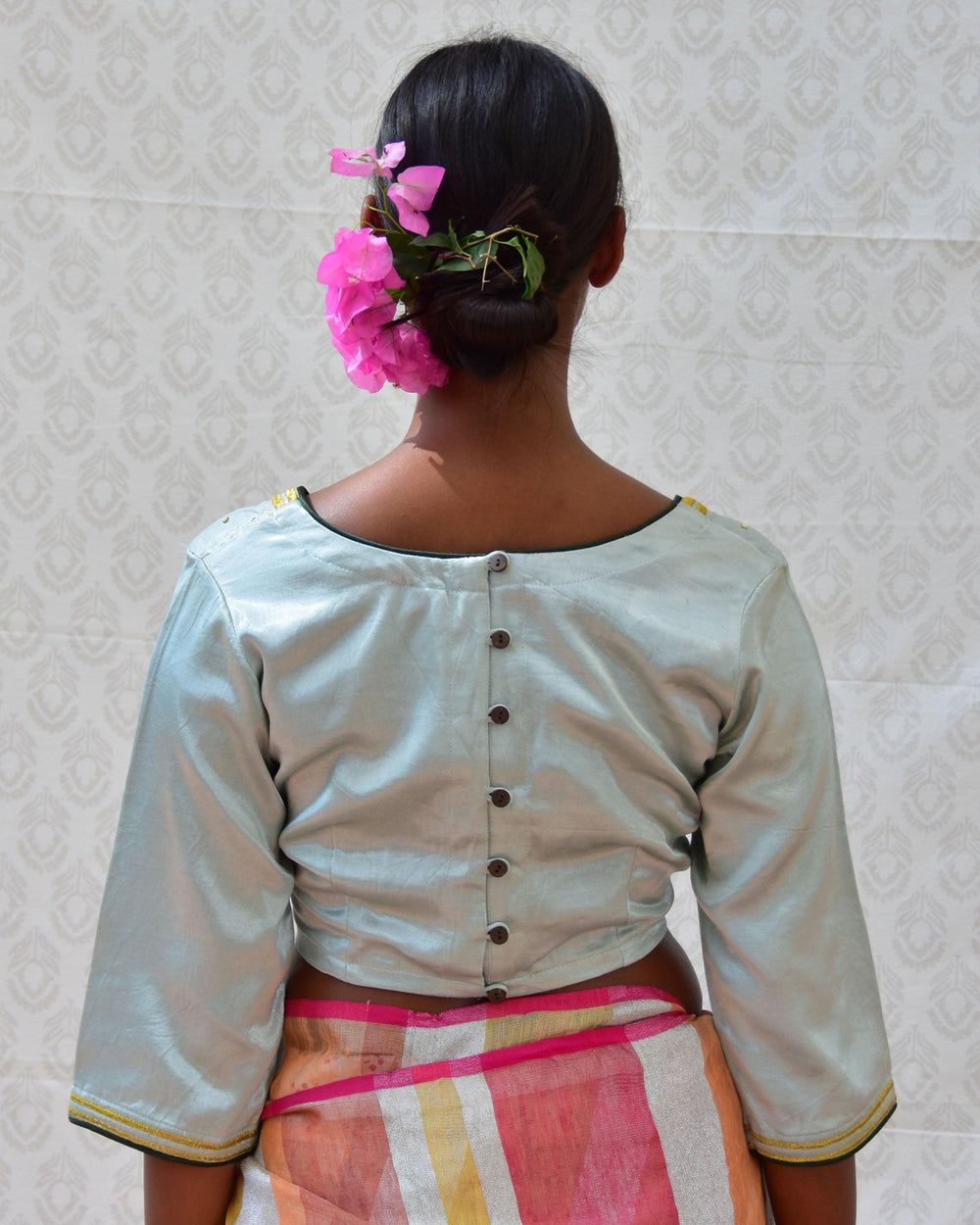 Light-Green Handloom Pure Mashru (Silk-Cotton) Collared Classic Short Blouse main image 1