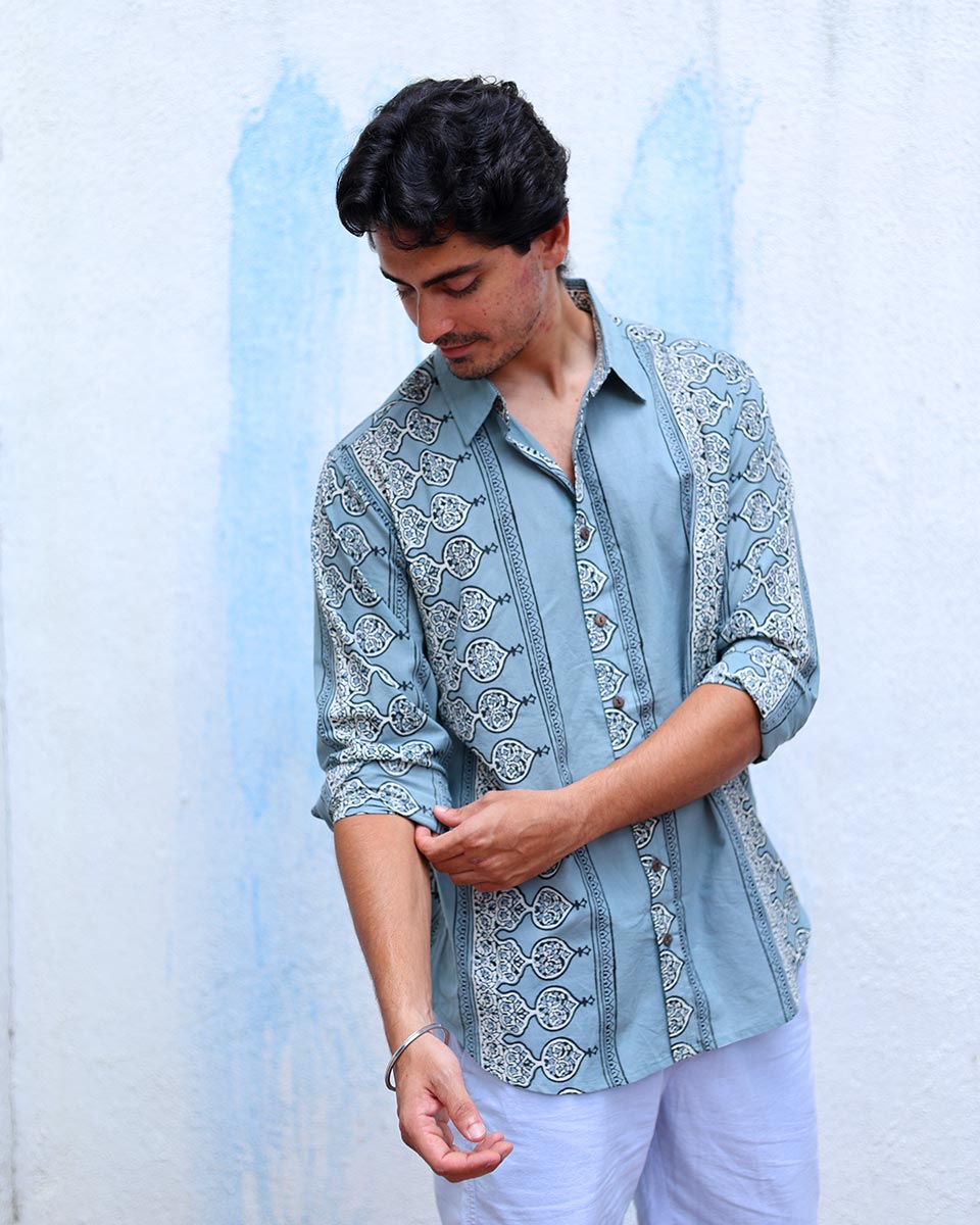 Mehrun Blue With Grey Hand Block Print Cotton Shirt - TOF