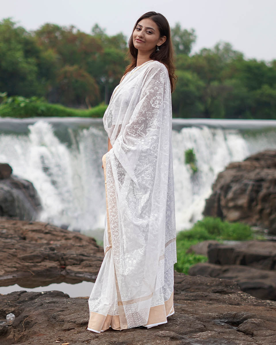 Dewbone Kota Doria Ivory Block Printed Saree - SFD