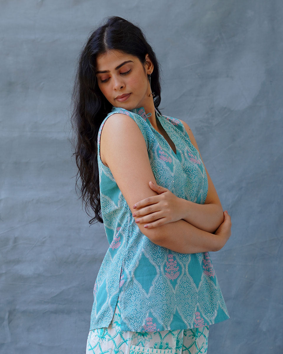 Frangipaniâ€™s Freshness Teal Green Block Printed Top - MMG