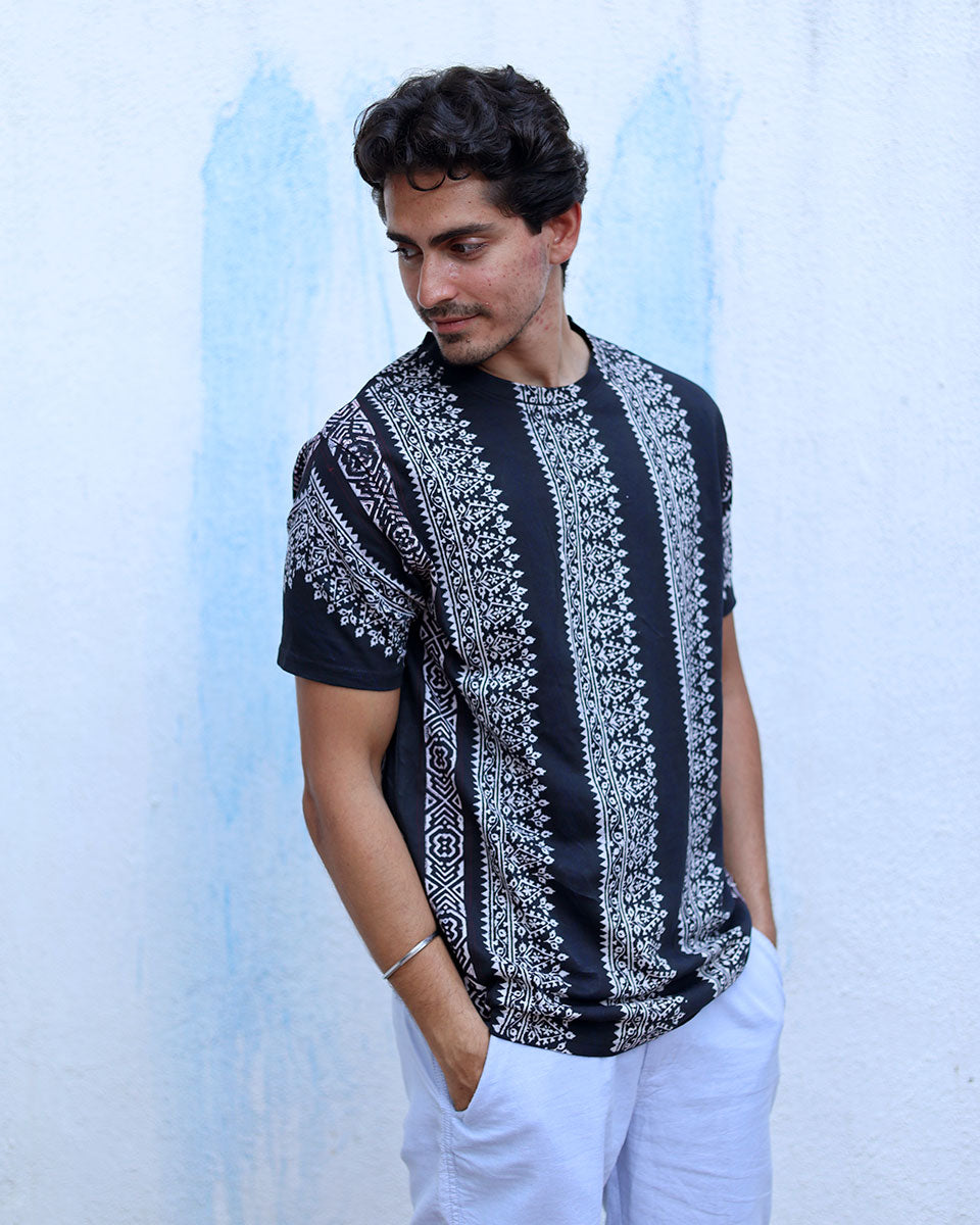 Qaafir Black Hand Block Print Cotton T- Shirt - TOF