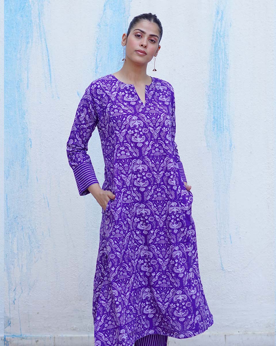 Hawa Purple Handblock Print Cotton Kurta Set - BFG