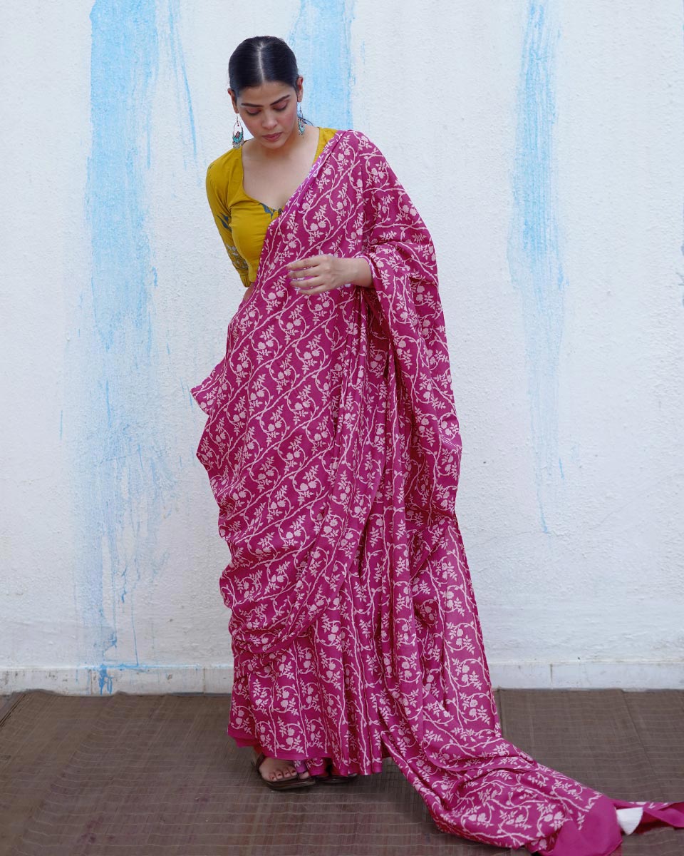 Gudiya Pink Handblock Print Cotton Saree - BFG