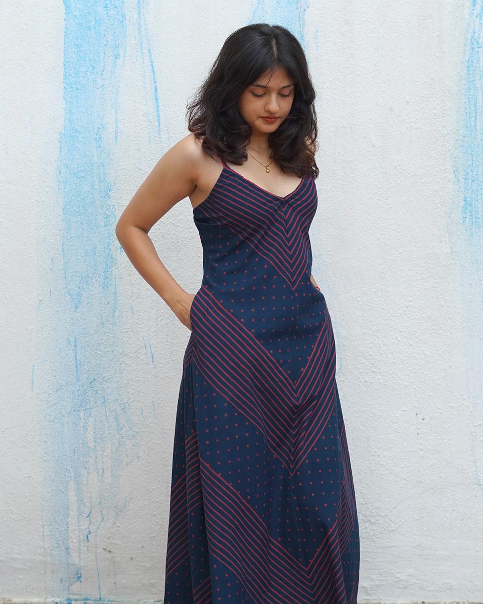 Wolf Moon Blue Handblock Print Cotton Dress - MNCH
