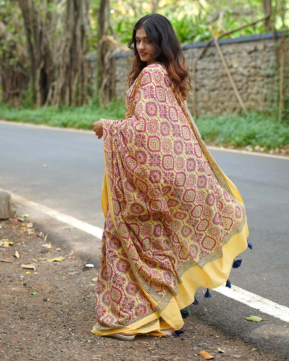Chikoo Shake Mustard Yellow Handblock Print Cotton Saree - PBC