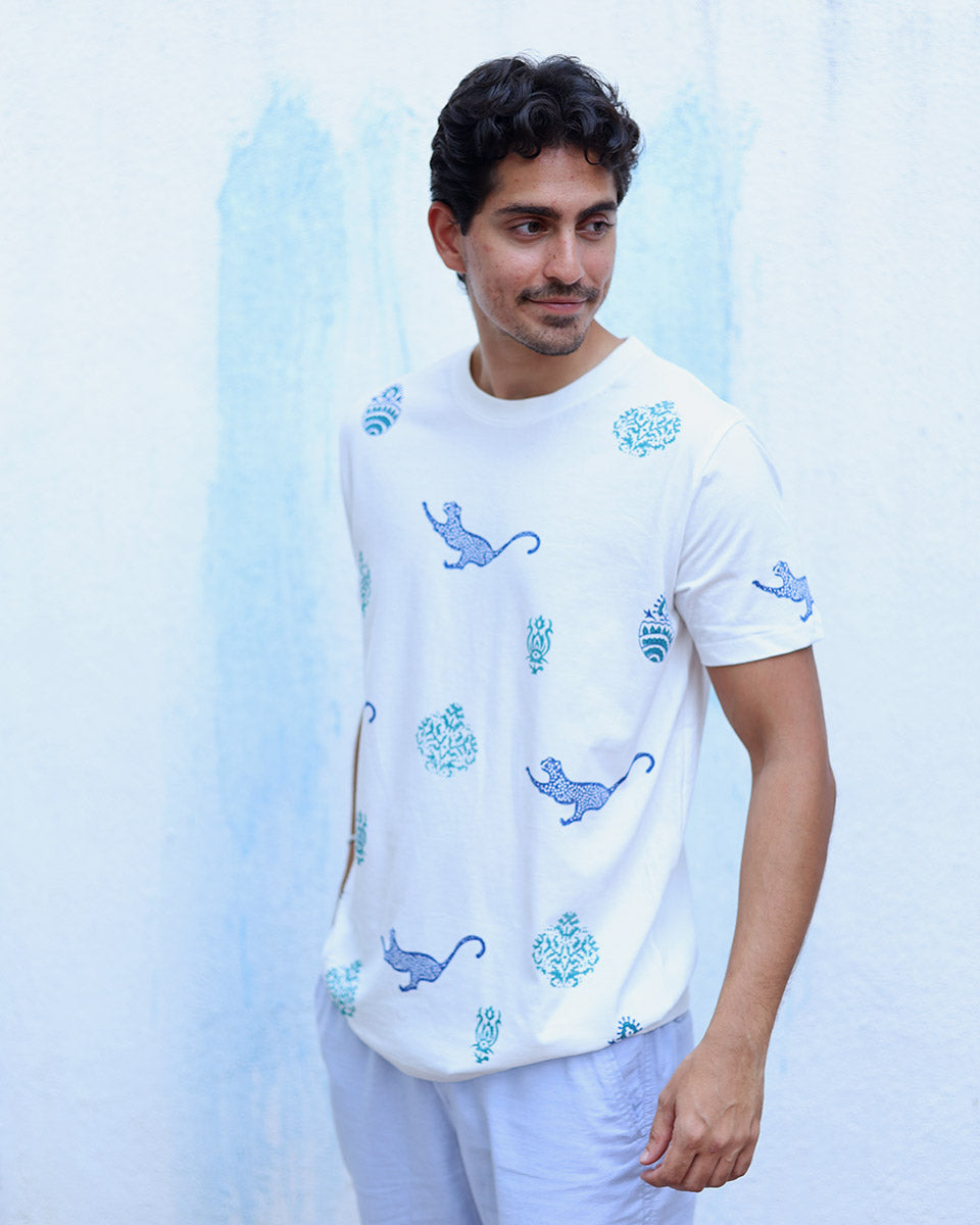 Kaif White Hand Block Print Cotton T- Shirt - TOF