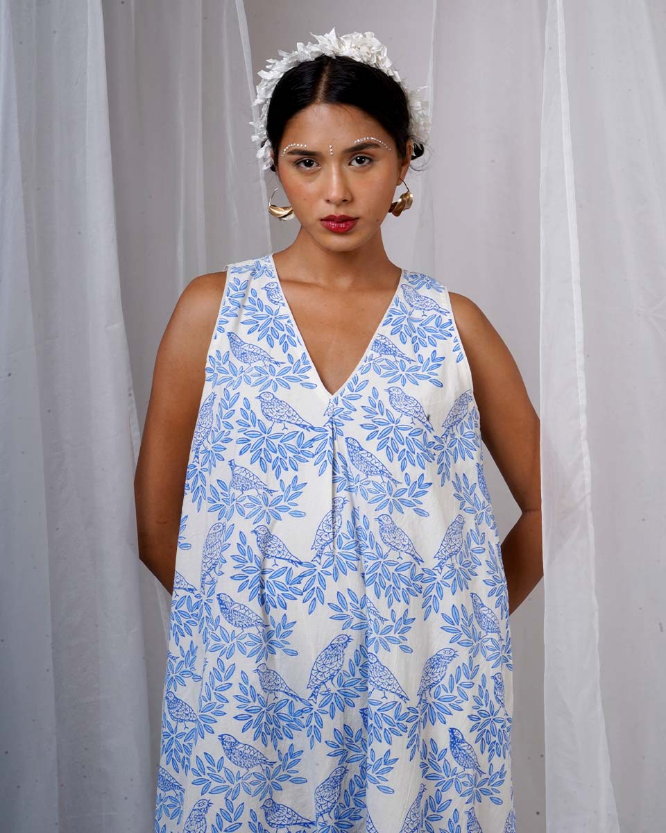 Megha White Hand Block Printed Dress-BAD