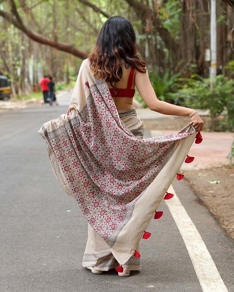 Coconut Chikki Beige Handblock Print Cotton Saree - PBC