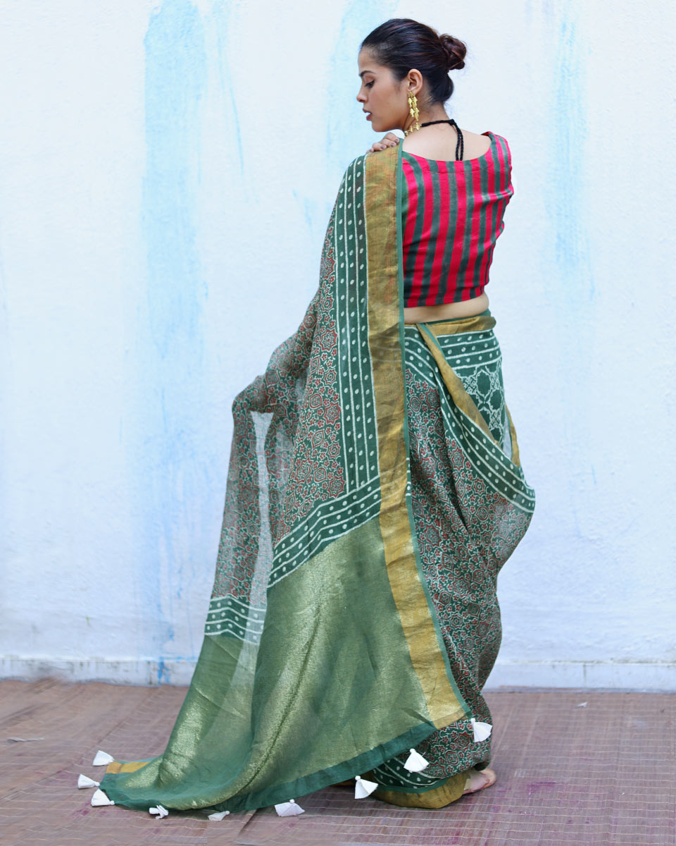 Deepti Green Handblock Print Linen Saree - RSH