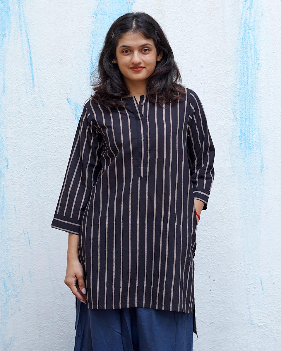 Flower Moon Black Handblock Print Cotton Kurta - MNCH
