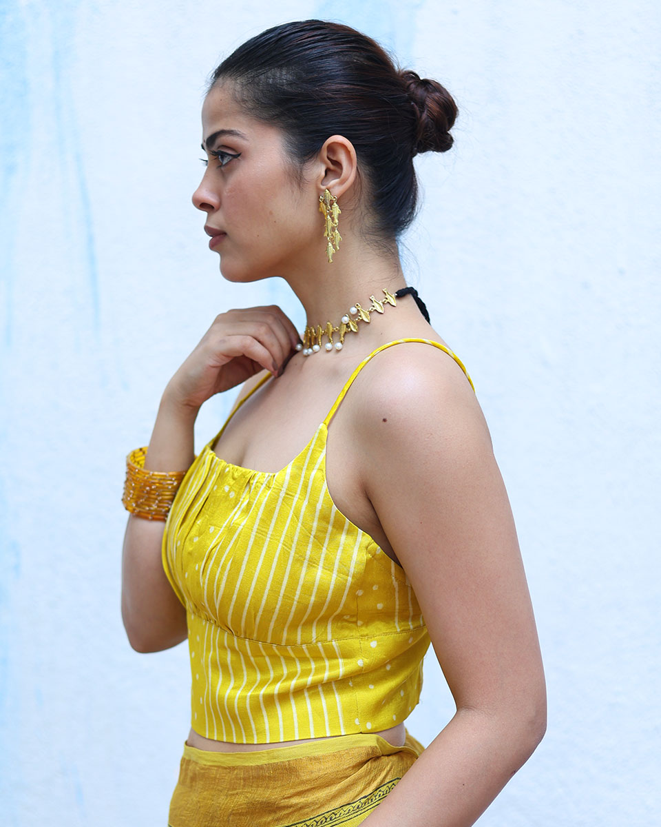 Noor Yellow Handblock Print Mashru Silk Top - RSH