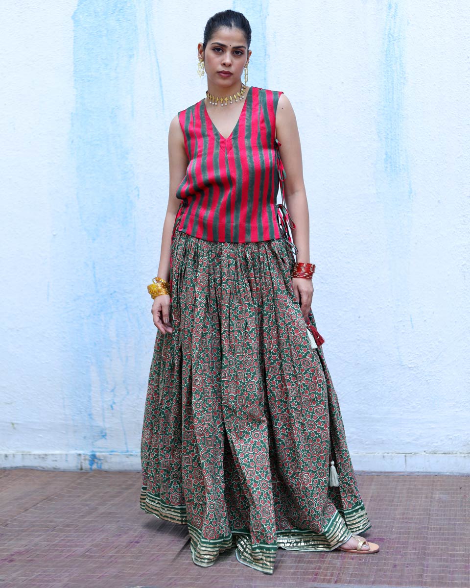 Ujvala Red With Green Handblock Print Mashru Silk Blouse - RSH