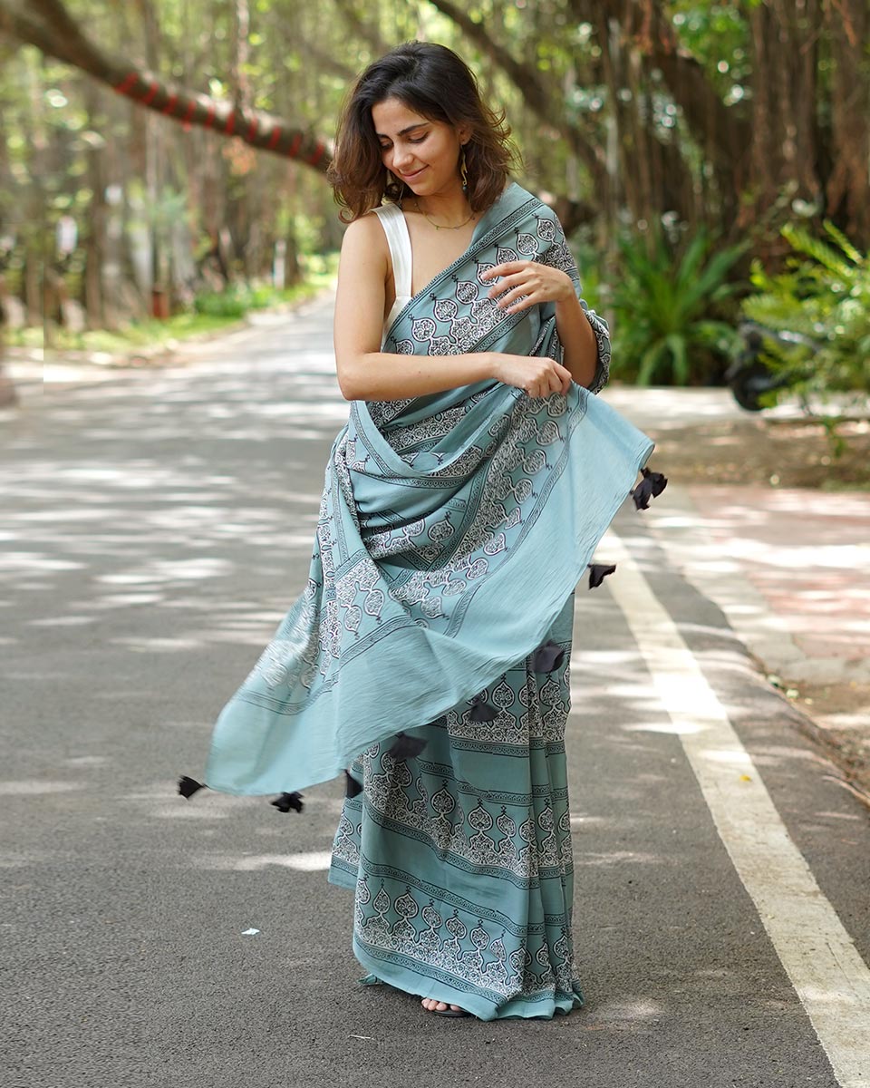 Misri Mist Blue Handblock Print Cotton Saree - PBC