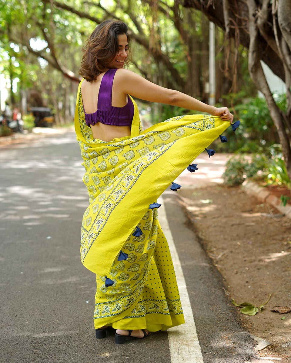 Kaccha Aam Toffee Yellow Handblock Print Cotton Saree - PBC