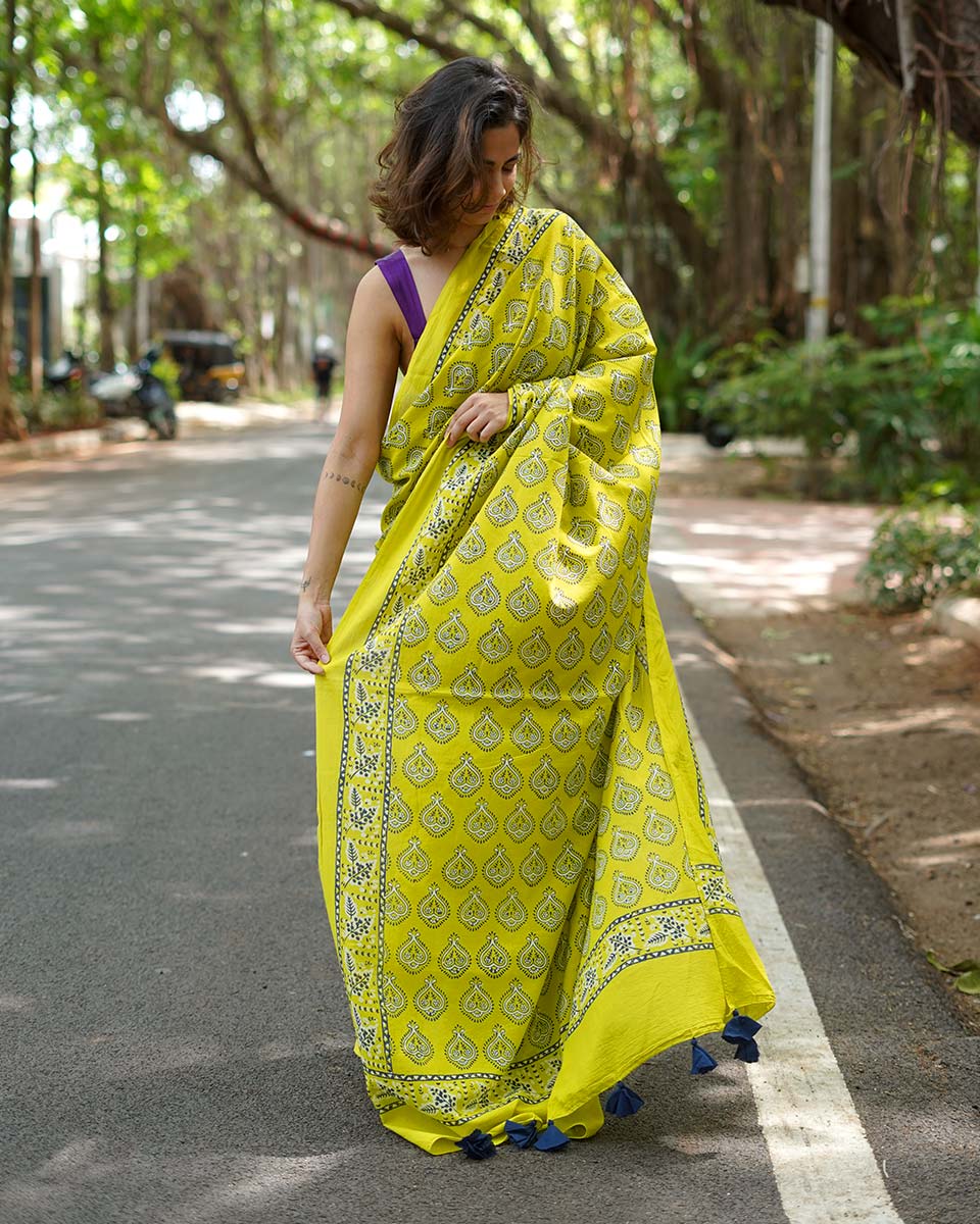 Kaccha Aam Toffee Yellow Handblock Print Cotton Saree - PBC