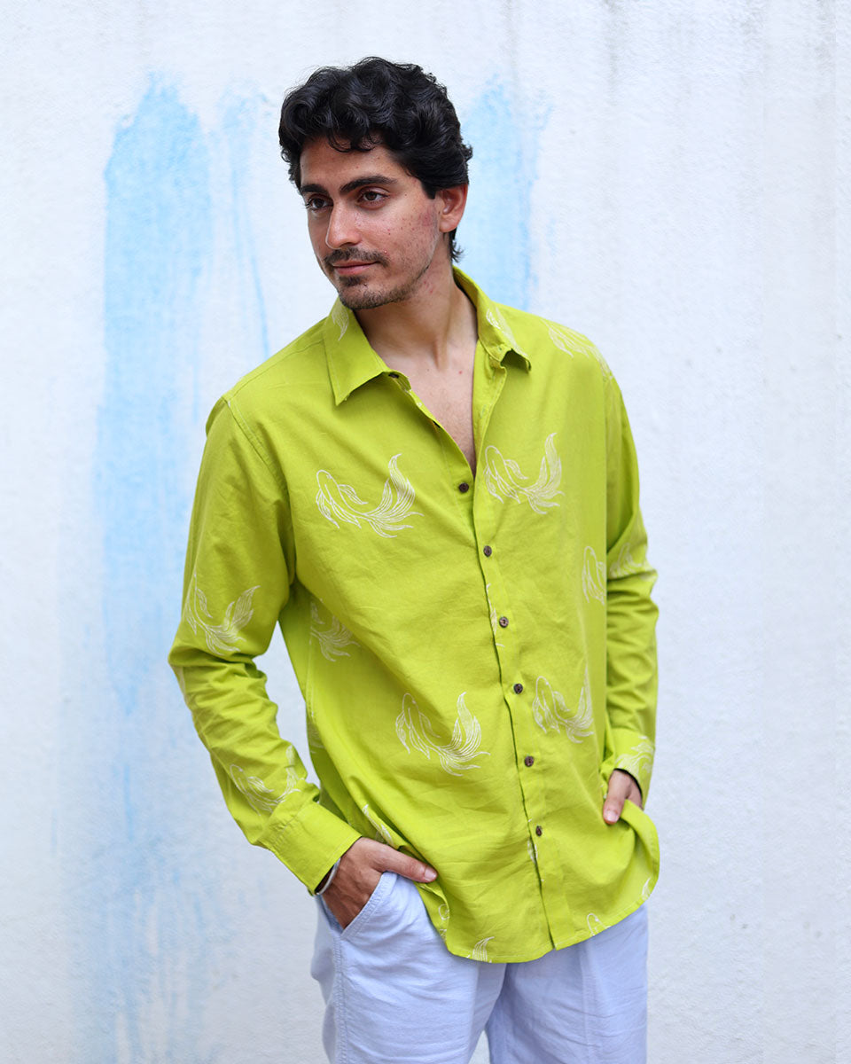 Chirag Lime Green  Hand Block Print Cotton Shirt -TOF