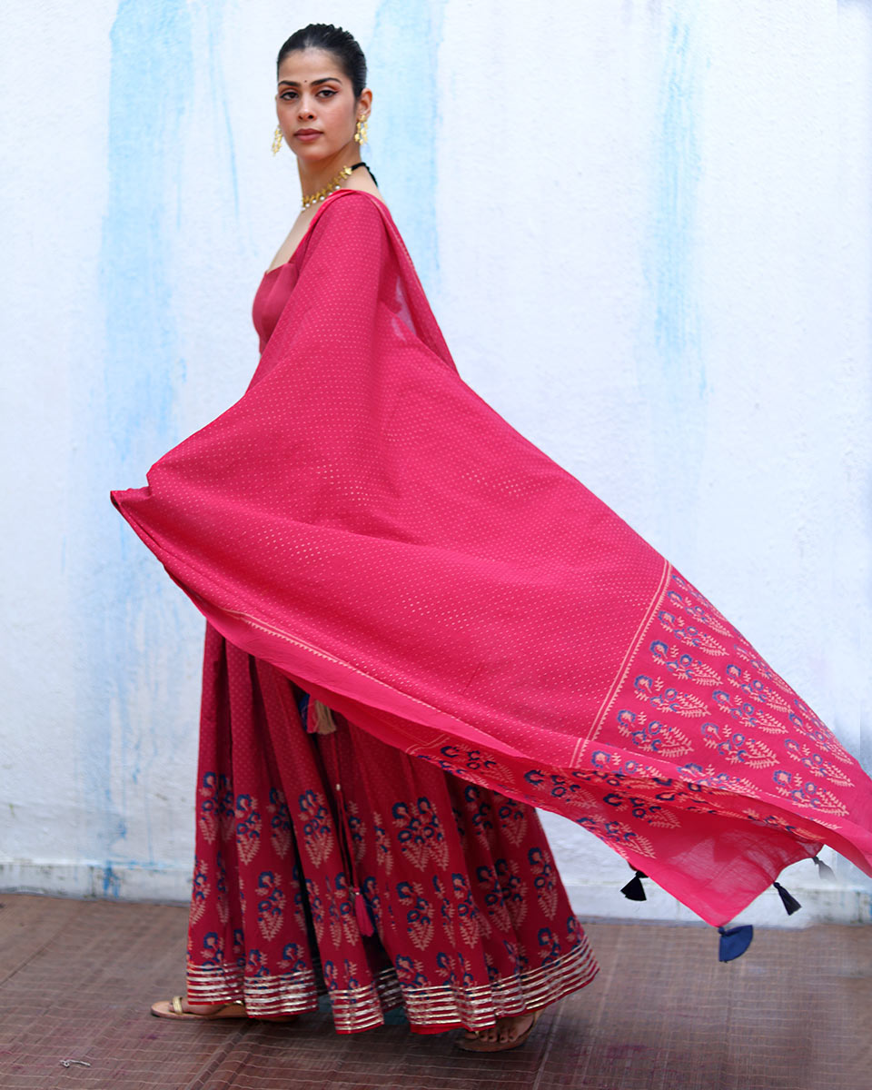 Prabhati Pink Handblock Print Cotton Dupatta - RSH