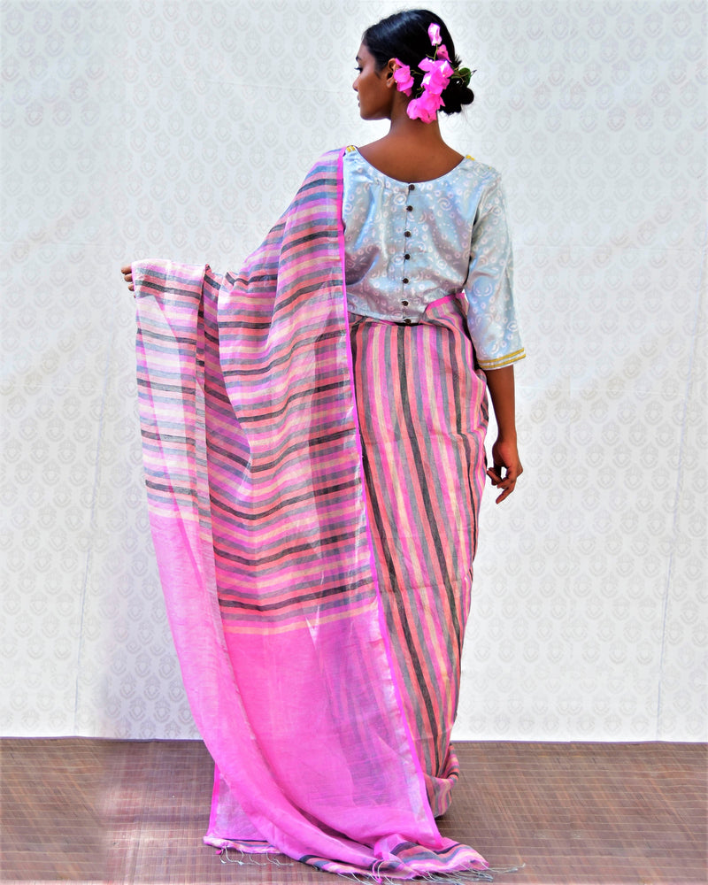 Evening Rose Handwoven Linen Zari Saree - Bgvl