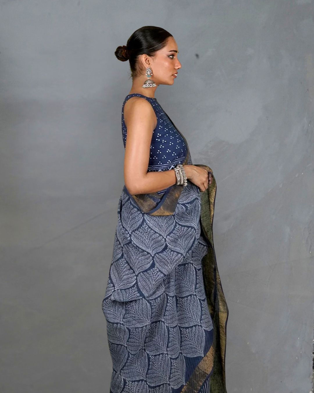 Malhari Blue Handblock Print Linen Saree - INDI