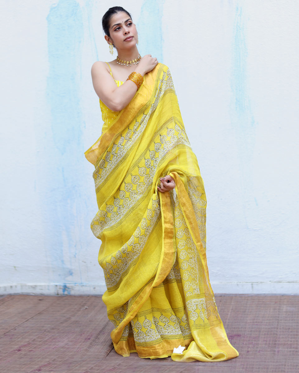 Ziya Yellow Handblock Print Linen Saree - RSH