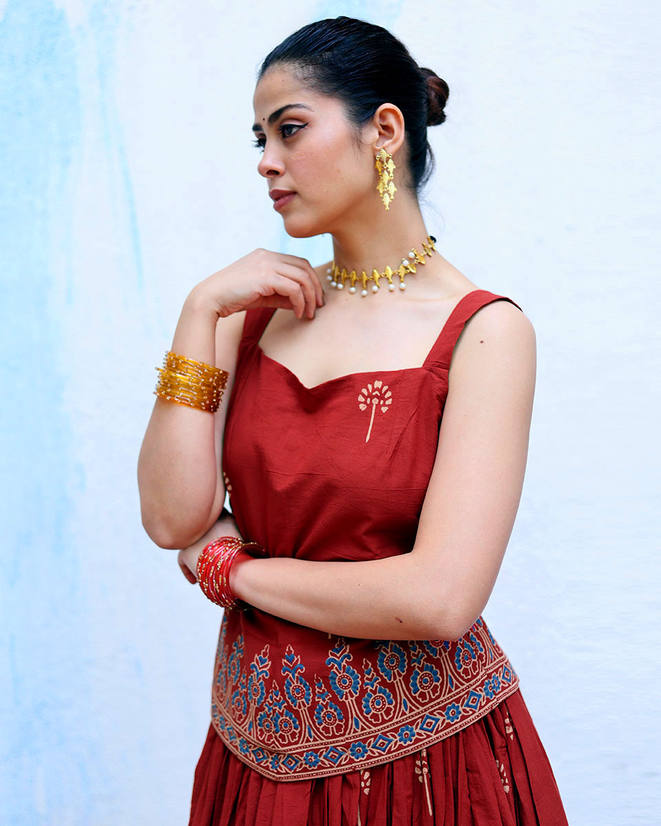 Mahtaab Red Handblock Print Cotton Top - RSH