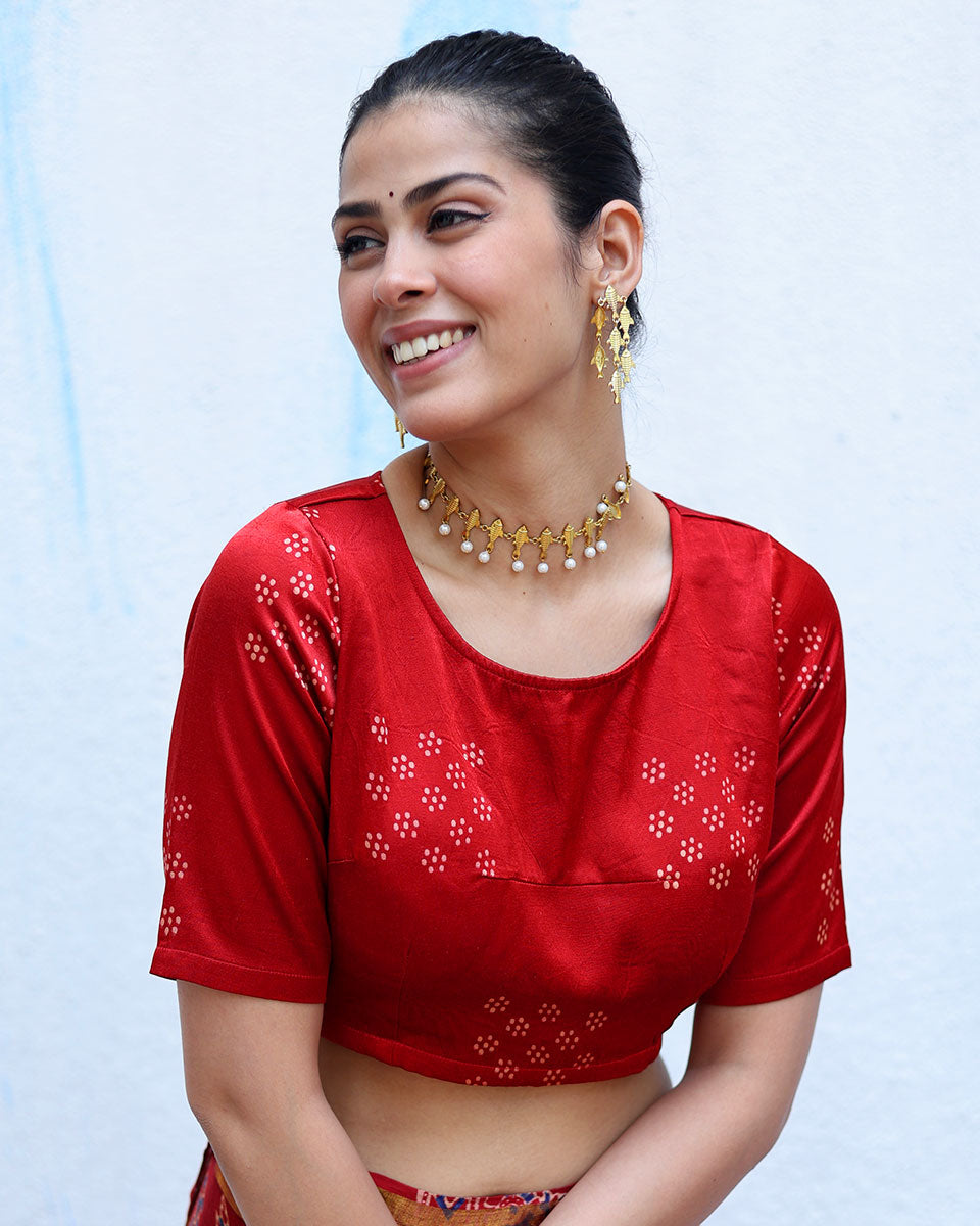 Aalo Red Handblock Print Mashru Silk Blouse - RSH