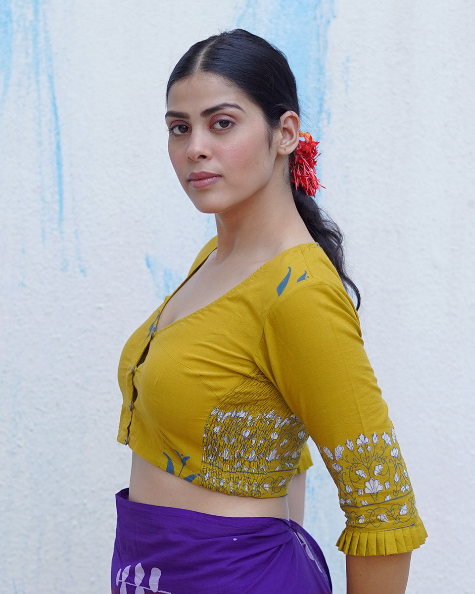 Pankhi Mustard Yellow Handblock Print Cotton Blouse - BFG