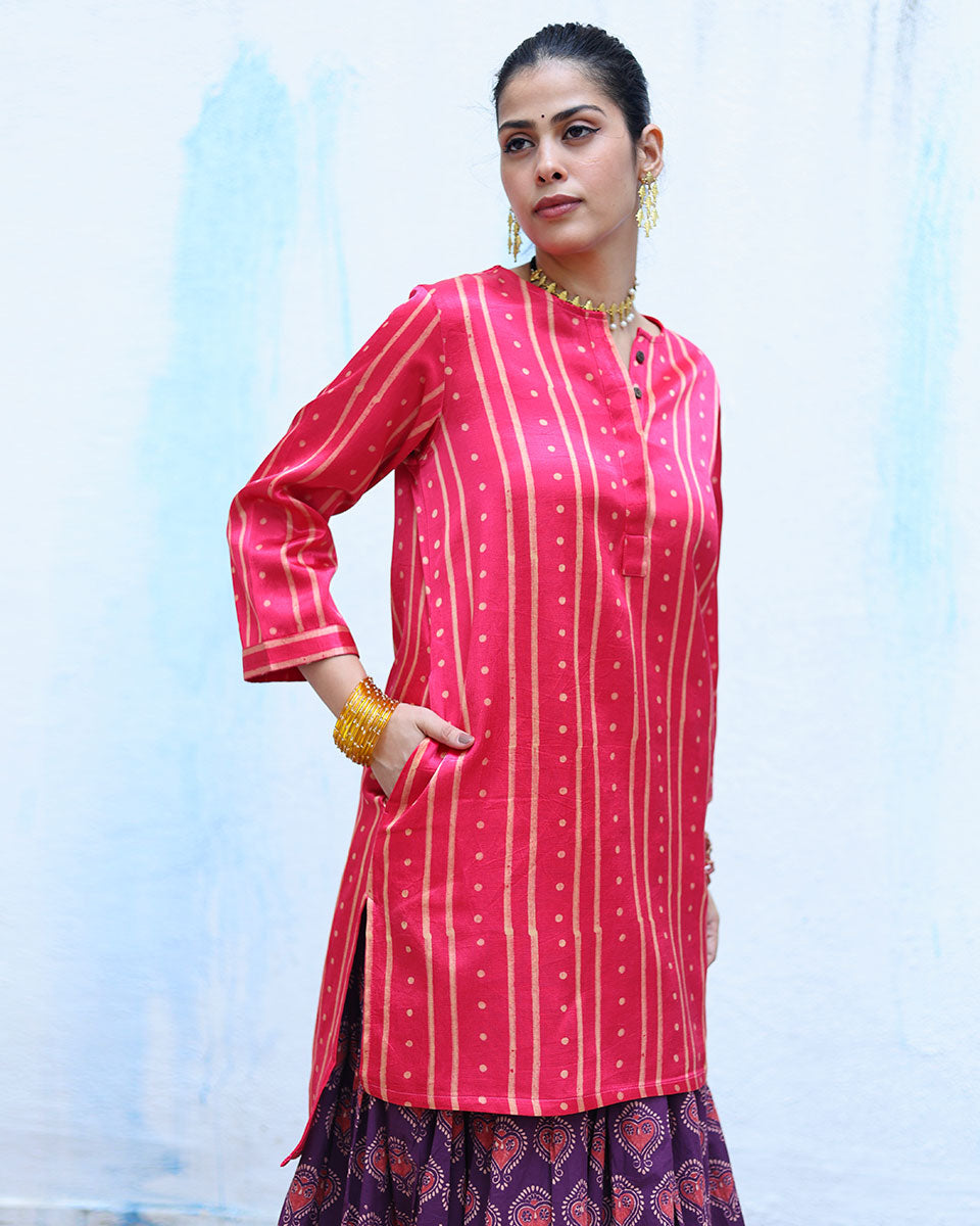 Kiran Pink Handblock Print Mashru Silk Kurta - RSH