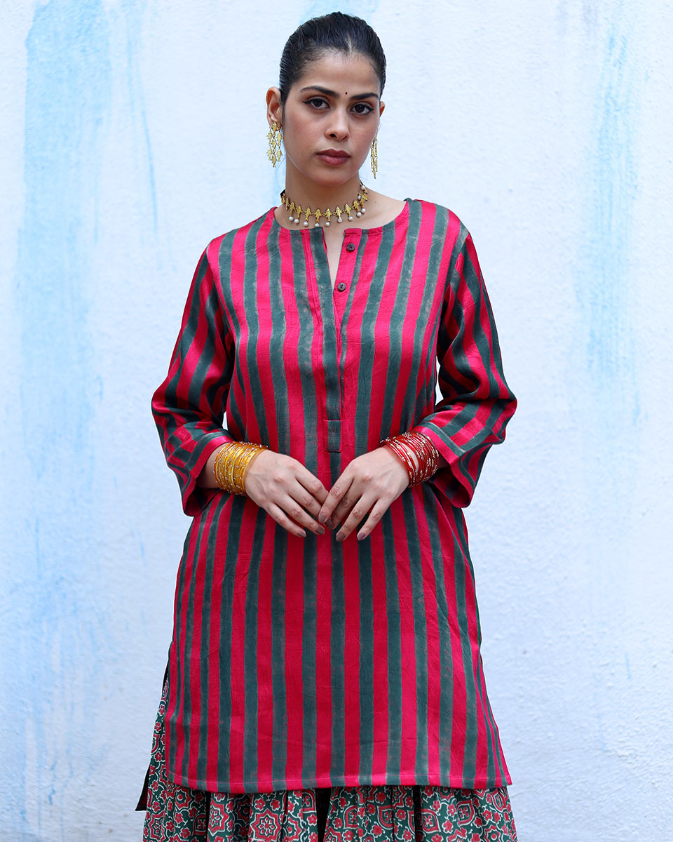 Kaumudi Red Handblock Print Mashru Silk Kurta - RSH