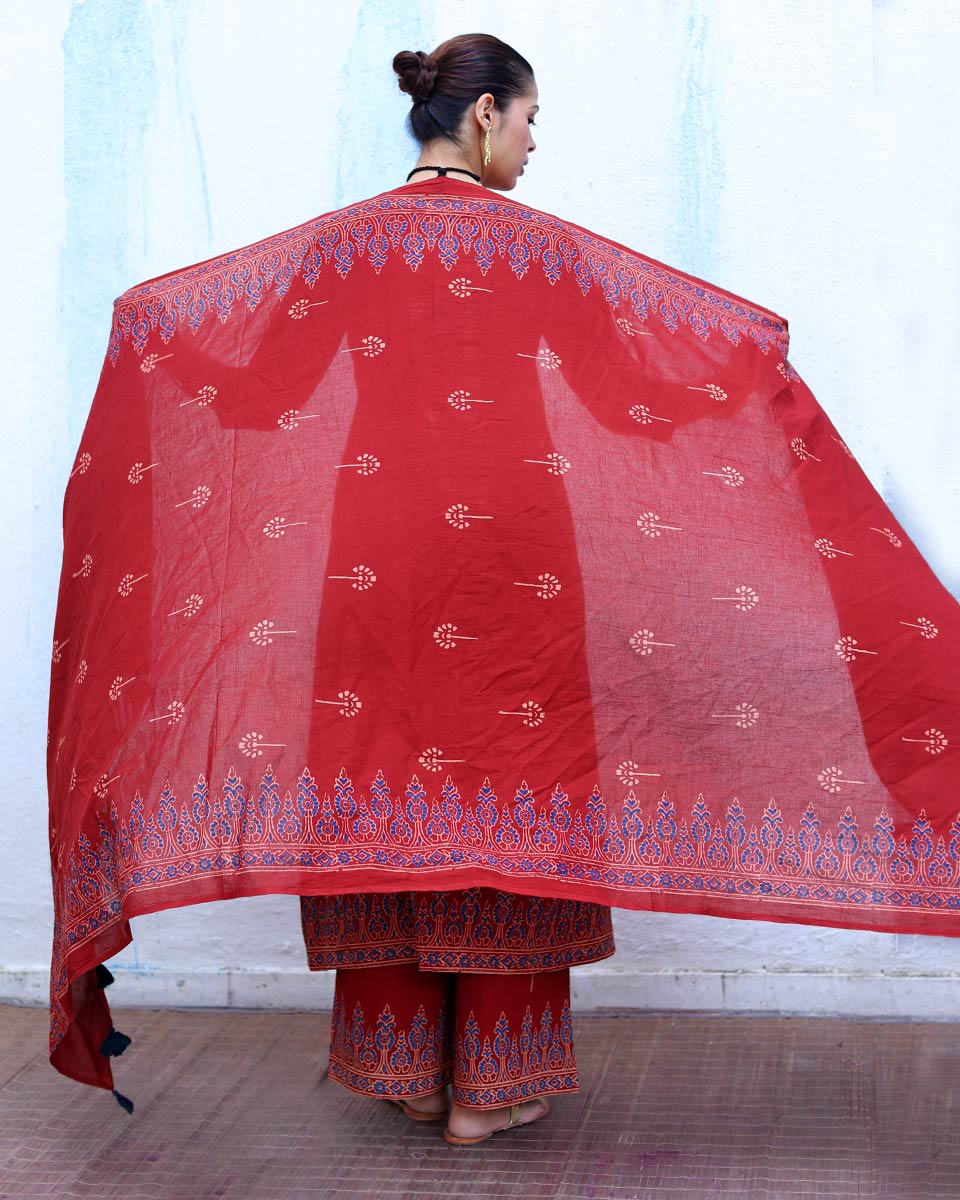 Tara Red Handblock Print Cotton Dupatta - RSH