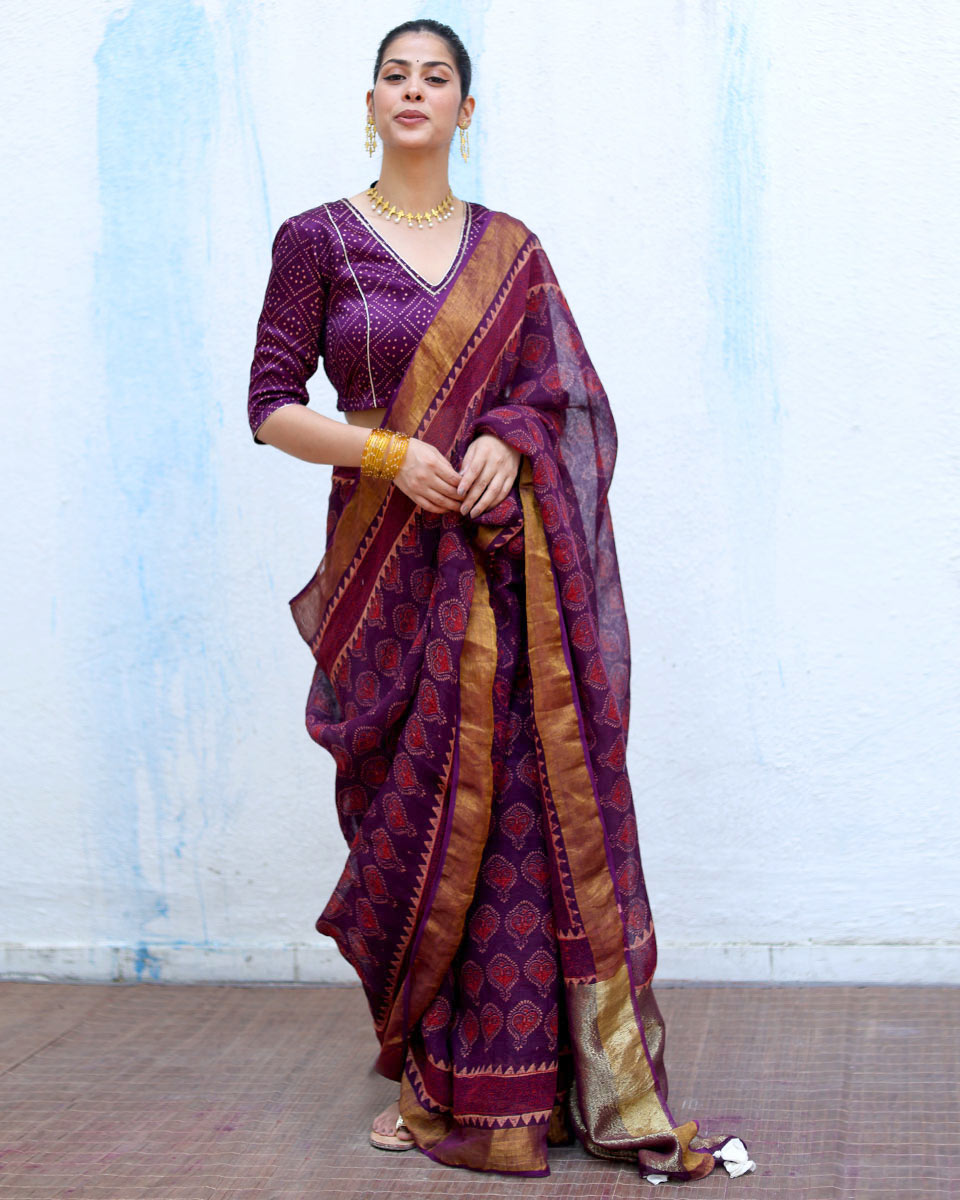 Sitara Purple Handblock Print Linen Saree - RSH