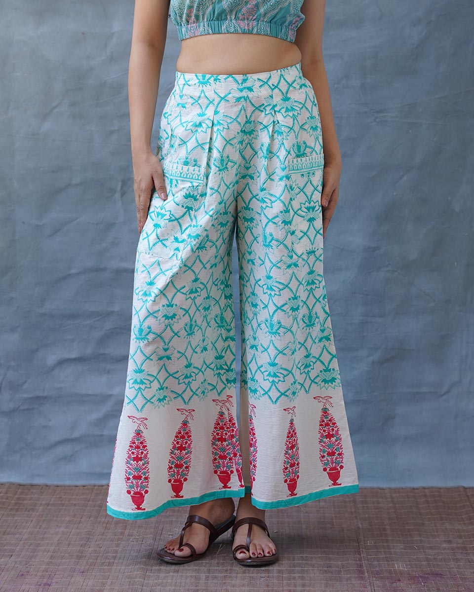 Cosmosâ€™ Call Teal Green Block Printed Pants - MMG