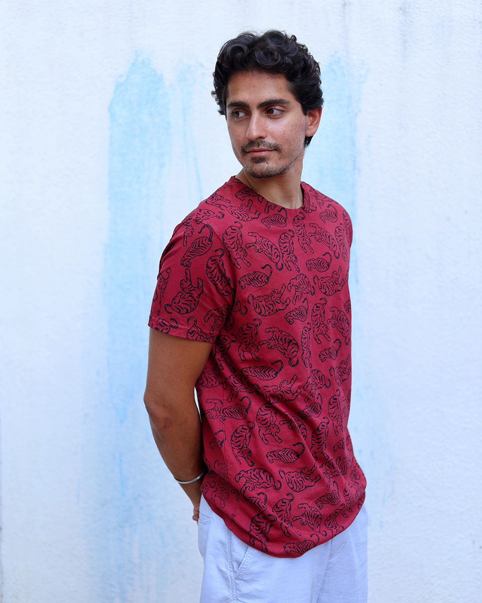 Aashiq Maroon Hand Block Print Cotton T- Shirt - TOF