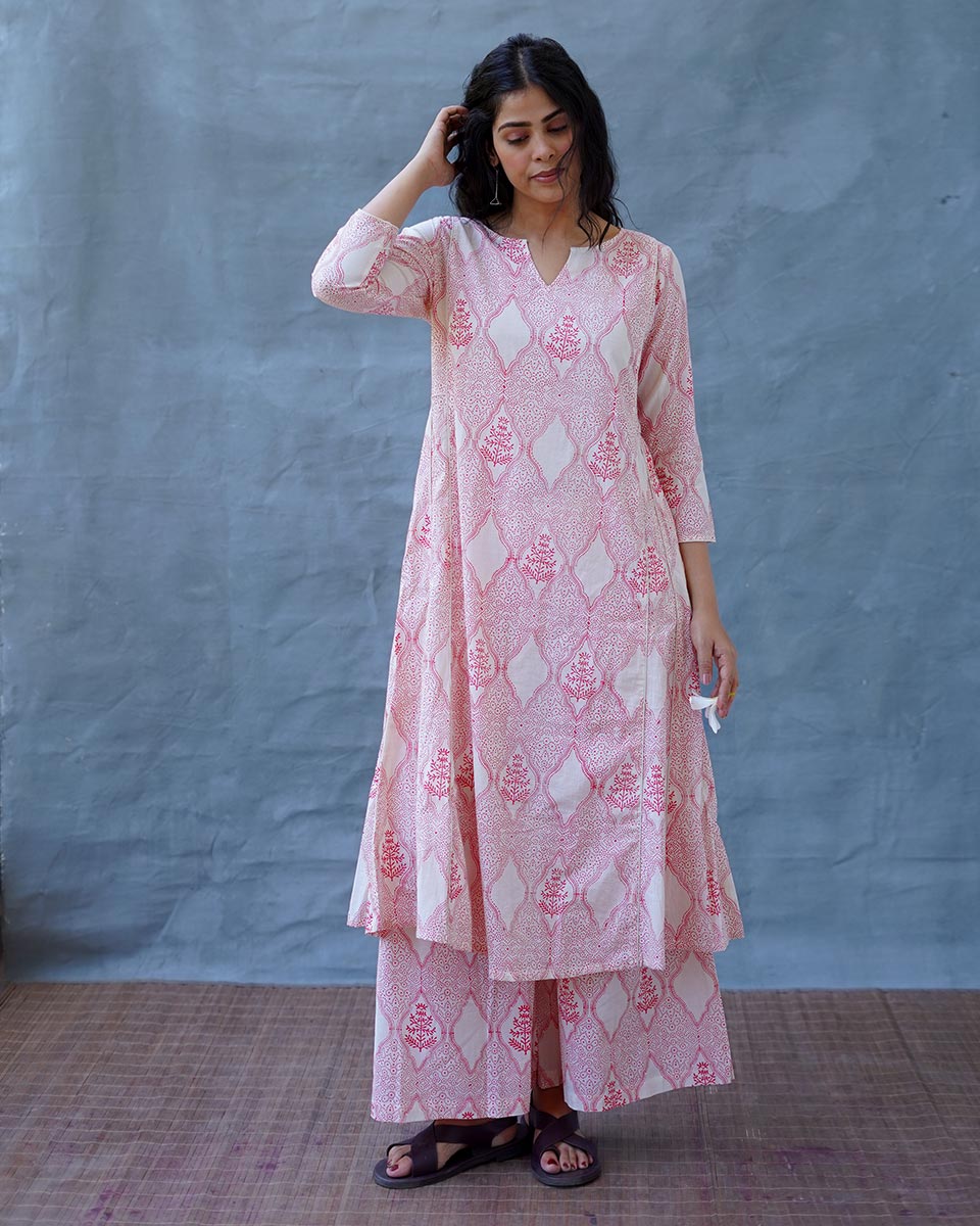Sunflowerâ€™s Sheen Blush Pink Block printed Kurti - MMG