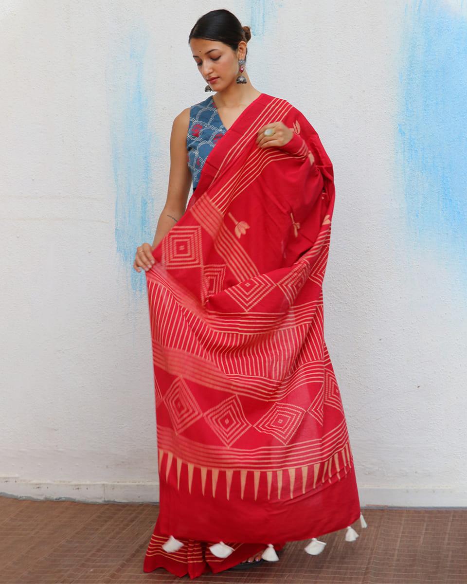 Crimson Handblockprinted Cotton Saree - Fmtm