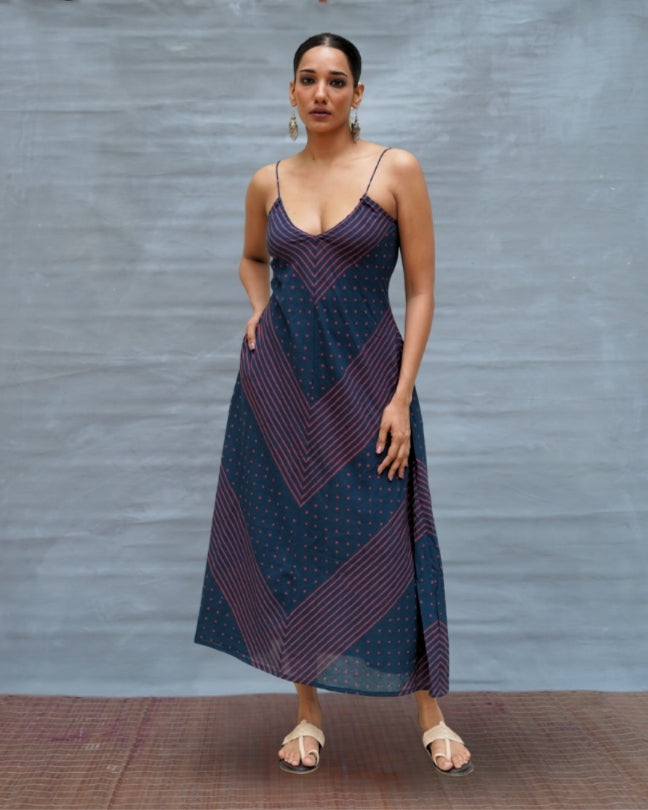 Wolf Moon Blue Handblock Print Cotton Dress - MNCH